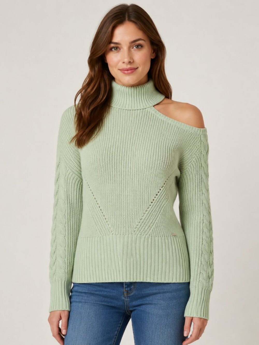 Women’s Sage Green Cold Shoulder Turtleneck Cable Knit Sweater
